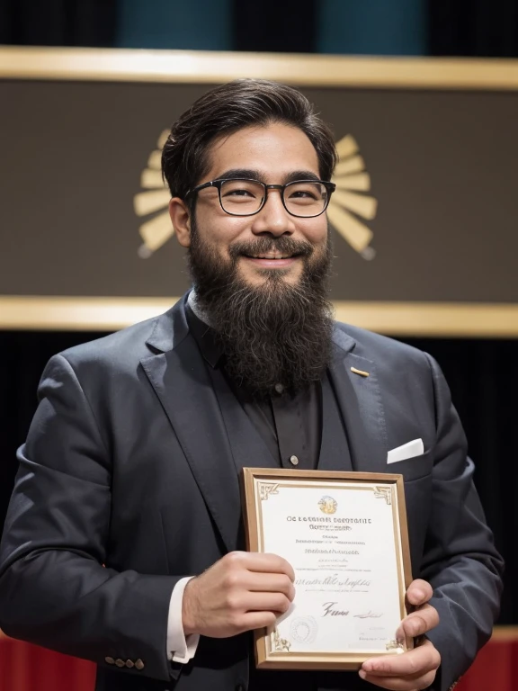 Award-Winning Moment, (yossan), beard, Glasses, science, Awards ceremony, Certificate, stage, smile, Audience in the background, Moments of joy, flash, suit, move