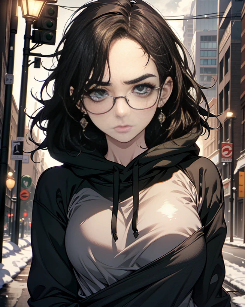 Best quality, volumetric lighting, cinematic lighting, masterpiece, ultra high res, 4k, (soft round detailed face), (sad expression), (detailed green eyes), bags under eyes, thick eyebrows, depressed, melancholy, (wearing rounded glasses), (very pale light skin), detailed black hair, ((long messy greasy hair)), (plain black hoodie), black stud earrings, black nail varnish, unwashed, unkempt, disheveled, sodium streetlamps, midnight, dark clouds, London, snow