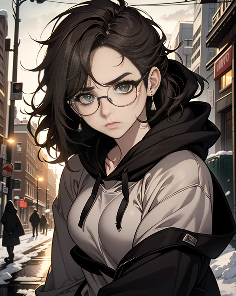 Best quality, volumetric lighting, cinematic lighting, masterpiece, ultra high res, 4k, (soft round detailed face), (sad expression), (detailed green eyes), bags under eyes, thick eyebrows, depressed, melancholy, (wearing rounded glasses), (very pale light skin), detailed black hair, ((long messy greasy hair)), (plain black hoodie), black stud earrings, black nail varnish, unwashed, unkempt, disheveled, sodium streetlamps, midnight, dark clouds, London, snow