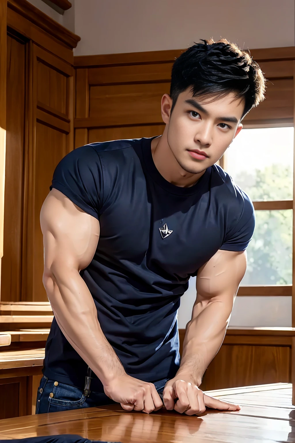 (Create a masterpiece:1.2),(CGI art:1.3),(realistic:1.5),(After processing:1.3),(Sharp focus:1.3),1 man ,(black hair) ,(Wear color navy round neck T-shirt), (with a Police badge:1.1),Navy blue jeans,Korean guy,korean men,(High gloss details),chest muscles,large arm muscles,blood vessel,Big muscles,Broad shoulders,looking at the audience,Balancing the eyes,(Lind has a dining table:1.3),