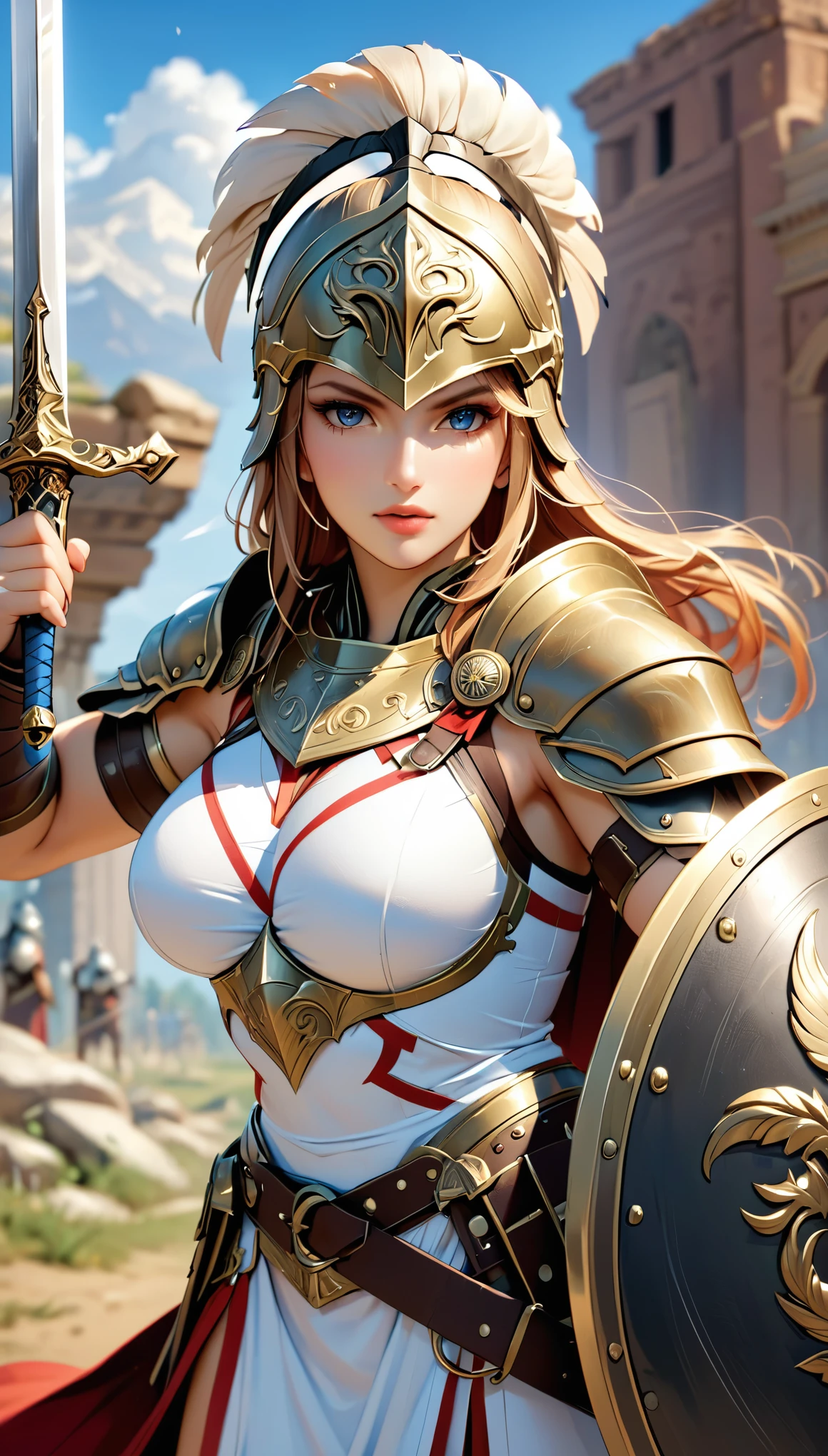 (masterpiece:1.3, Highest quality,Highest quality,Very detailed:1.2),(Best illustrations),8k,wallpaper,(Written boundary depth),(1 female:1.6),(Ancient Greeks),(Spartan female warrior:1.4),(Beautiful Face,Brave face,Beautiful Eyes,Beautiful Hair),Muscular,pocket,armor,(Sword and shield ready for battle:1.6),(roar:1.6),(Sword and shield:1.6),(Beautiful Hands:1.6),(Detailed hands:1.6),(((Hand,detailed,perfect,perfection,hands))),(The background is the Marathon Plain:1.6),(Blurred Background:1.6)