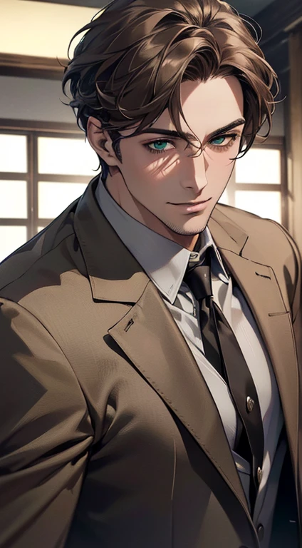 (best quality,4k,8k,highres,masterpiece:1.2),ultra-detailed,(realistic,photorealistic,photo-realistic:1.37),cinematic lighting,1:4 hdr image,a mature man, 29 years old,very handsome,cold expression smile in love, short grey brown hair, green eyes,flawless face,buttoning his jacket,CEO