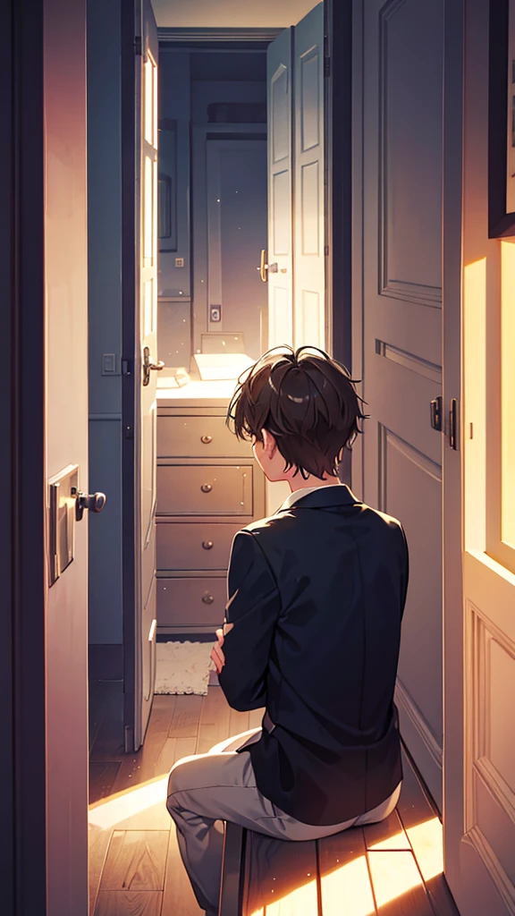 A man sits with his back against a closet at night and a little light from outside shines on him.