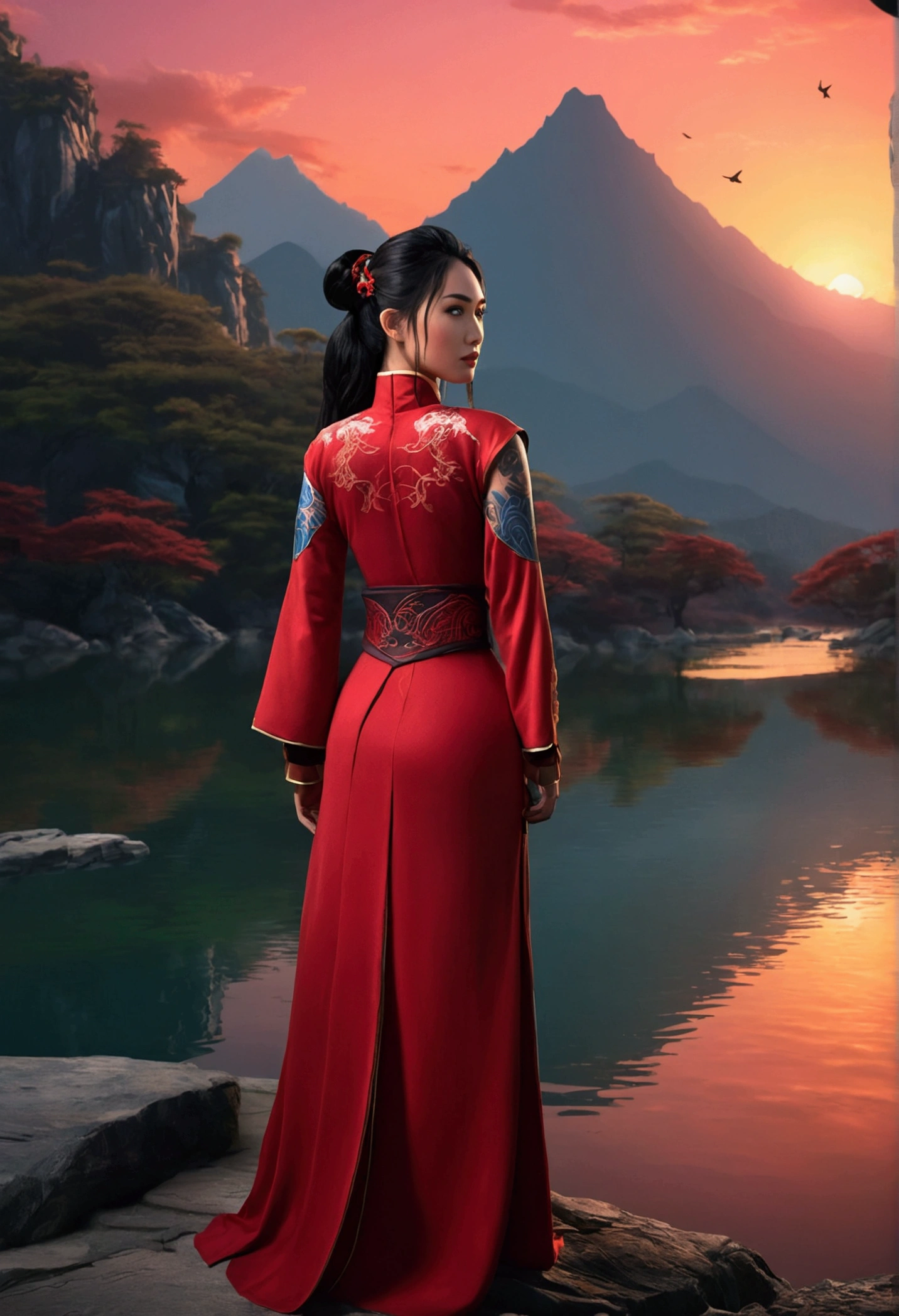 a woman in a red dress standing next to a body of water, inspired by Ai Xuan, fantasy art, oriental tattoos, Megan Fox in beautiful mountains, glamour, beautiful avatar photos, cyberpunk style outfit, with sunset, portrait of Mulan, [[fantasy]], chinese costume, saiyan girl, irelia, illustration, anime, cinematic, vibrant