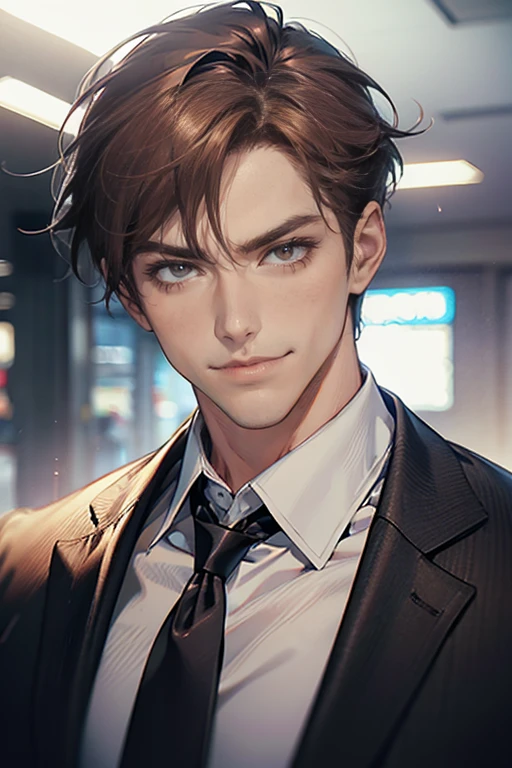 (tmasterpiece, high resolution, ultra - detailed:1.0), (1 male, masculine face, 31 years, CEO), Perfect male body, tall and strong, Adult male, Delicate eyes and delicate face, Extremely detailed CG, Unity 8k wallpaper, Complicated details, Detailed face, (short brown hair, short hair, smile in love faces, blur eyes, white shirts,), (frown, smile in love:1.3), stad in corporativo, empresa, escritório style, color difference, Depth of field, dramatic shadow, Ray tracing, Best quality, Cinematic lighting, offcial art,Portrait