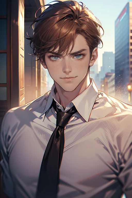 (tmasterpiece, high resolution, ultra - detailed:1.0), (1 male, masculine face, 31 years, CEO), Perfect male body, tall and strong, Adult male, Delicate eyes and delicate face, Extremely detailed CG, Unity 8k wallpaper, Complicated details, Detailed face, (short brown hair, short hair, smile in love faces, blur eyes, white shirts,), (frown, smile in love:1.3), stad in corporativo, empresa, escritório style, color difference, Depth of field, dramatic shadow, Ray tracing, Best quality, Cinematic lighting, offcial art,Portrait