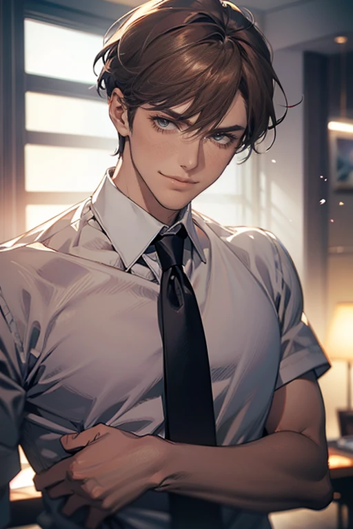 (tmasterpiece, high resolution, ultra - detailed:1.0), (1 male, masculine face, 31 years, CEO), Perfect male body, tall and strong, Adult male, Delicate eyes and delicate face, Extremely detailed CG, Unity 8k wallpaper, Complicated details, Detailed face, (short brown hair, short hair, smile in love faces, blur eyes, white shirts,), (frown, smile in love:1.3), stad in corporativo, empresa, escritório style, color difference, Depth of field, dramatic shadow, Ray tracing, Best quality, Cinematic lighting, offcial art,Portrait
