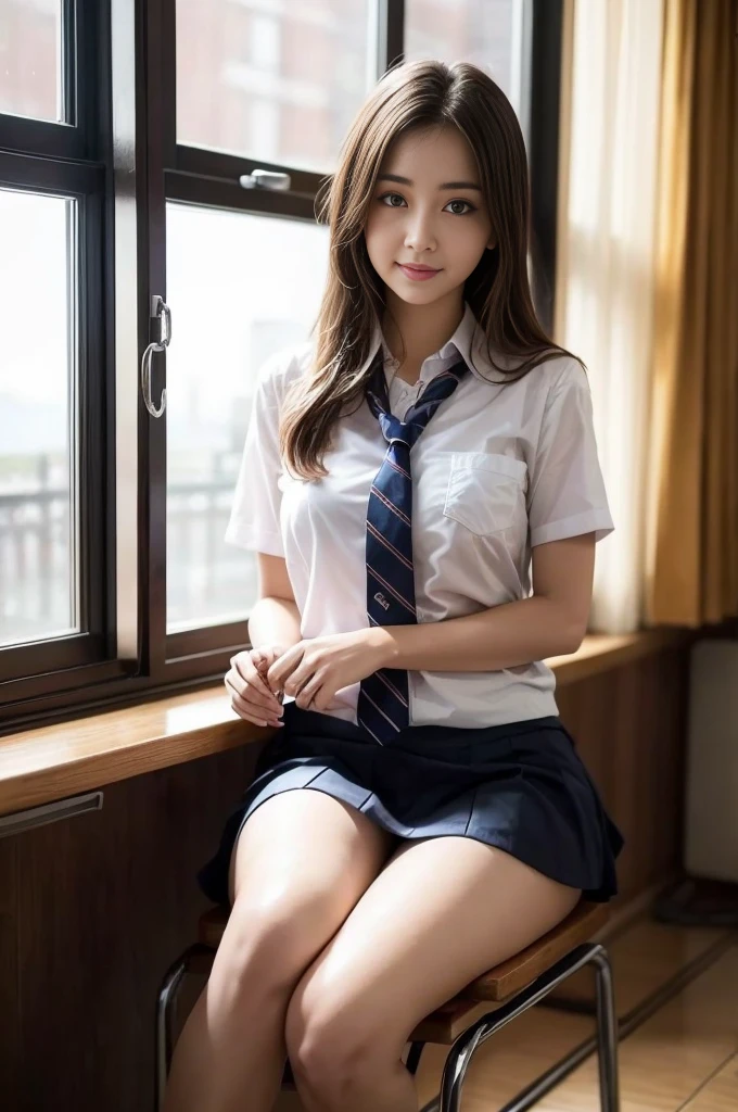 1girl, solo, (uniform), standing, at the beach, face at center frame, beautiful realistic ocean scenery, detailed face, seductive smile, detailed eyes, thick breasts, smooth skin, tight white shirt, grey blue short skirt, looking at the audience, low angle shot,(8k, RAW photo, best quality, masterpiece: 1.2), (realistic, realistic: 1.37), ultra-high resolution