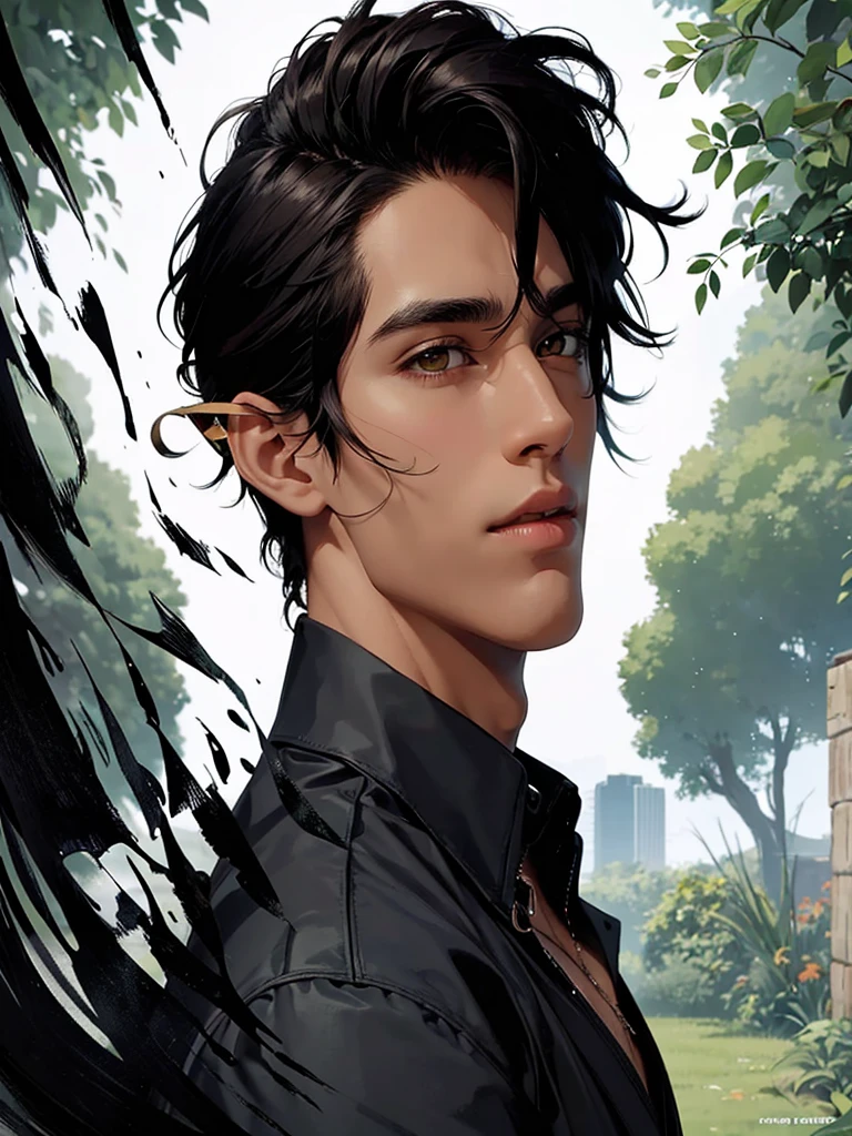 A noble young adult man; very long face, voluminous mouth, marked and long jaw and chin, sharp eyes and yellow irises, arched eyebrows, straight and pointed nose, skin black, medium length brown curly hair 1 noble young adult male; long face, voluminous mouth, long, defined jaw and chin, sharp yellow eyes, arched eyebrows, straight, pointed nose, dark skin, silky brown hair bob-leigh
