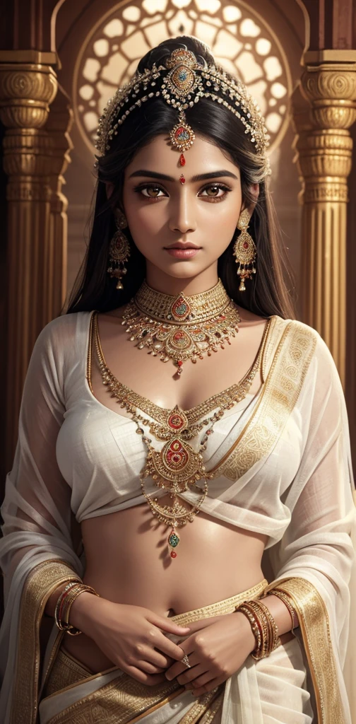 a beautiful hindu goddess in a white sari, extremely detailed face, beautiful eyes, sharp focus, photorealistic, 8k, HDR, goddess, divine, serene expression, ornate jewelry, flowing fabric, detailed texture, jewelry, glowing skin, intricate sari patterns, surrounded by lions, majestic, powerful, elegant