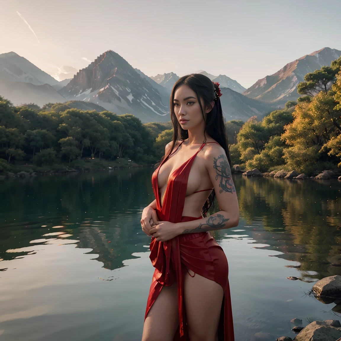 a woman in a red dress standing next to a body of water, inspired by Ai Xuan, fantasy art, oriental tattoos, Megan Fox in beautiful mountains, glamour, beautiful avatar photos, cyberpunk style outfit, with sunset, portrait of Mulan, [[fantasy]], chinese costume, saiyan girl, irelia, illustration, anime, cinematic, vibrant