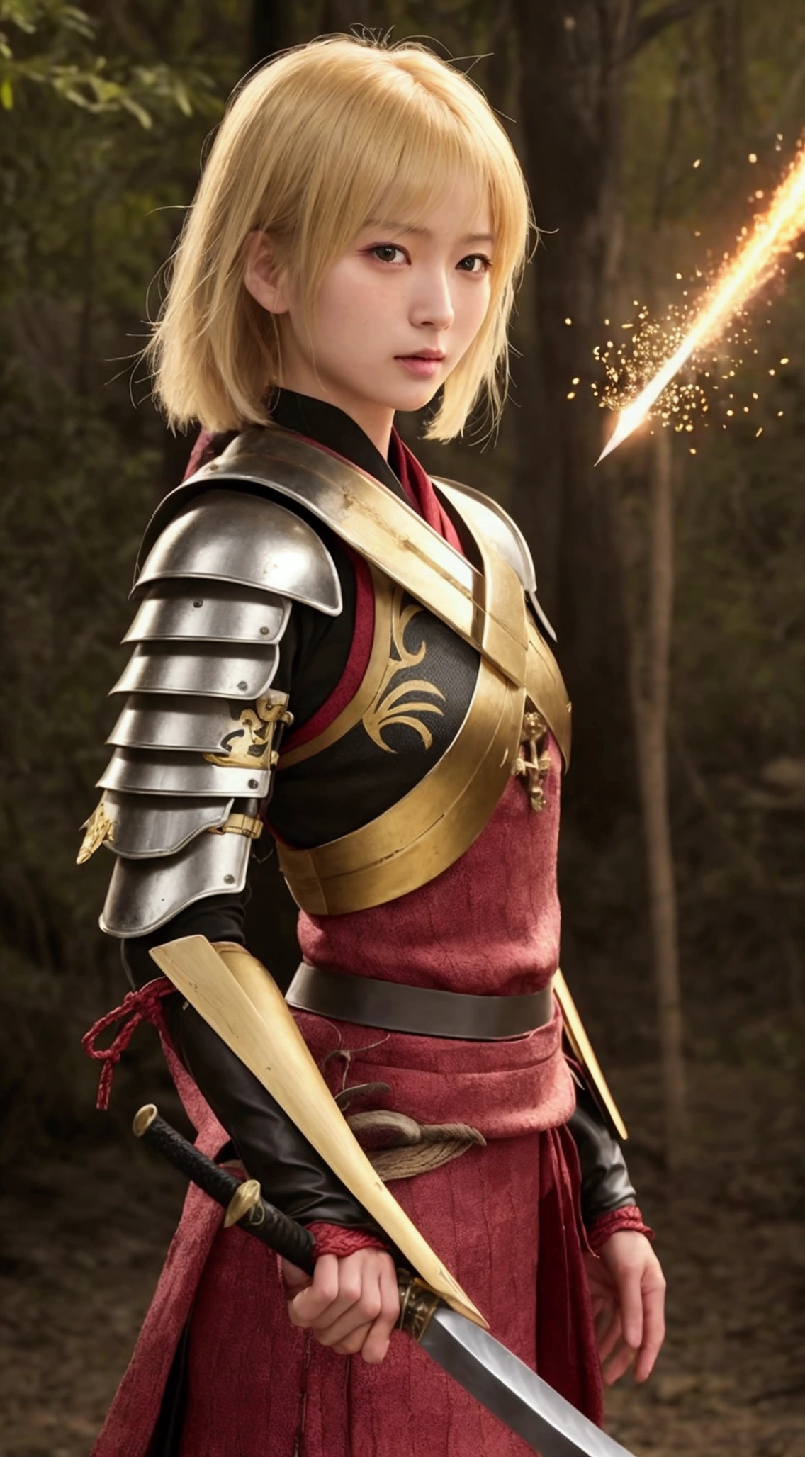 Highest quality、High resolution、Very detailed、Detailed Background、A beautiful 27 year old woman、Warrior、dragon tattoo on arm、Japanese sword(Blade length: 2 feet 4 inches、Handle length 25cm、The part is woven with red and black threads..、The swallow is golden)、Japanese sword、Sharp eyes、enemy&#39;Blood is flowing to my cheeks、In the woods、Armor and helmet from the Sengoku period、(Red and gold costume)、blonde、short hair、Realistic Face、Swing your sword down、Delicate eyes、Laugh a little、Like a fight scene in a live-action movie、More realistic battle scenes、On the cheeks、enemyWarriorの返り血、Burning castle in the background、Sparks fly、Japanese swordを両手で構える、