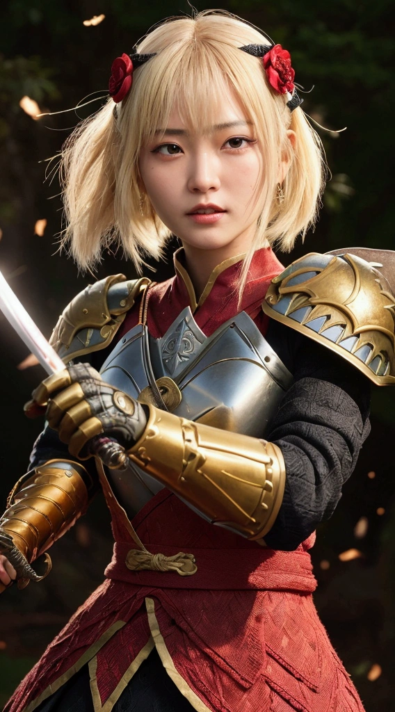 Highest quality、High resolution、Very detailed、Detailed Background、A beautiful 27 year old woman、Warrior、dragon tattoo on arm、Japanese sword(Blade length: 2 feet 4 inches、Handle length 25cm、The part is woven with red and black threads..、The swallow is golden)、Japanese sword、Sharp eyes、enemy&#39;Blood is flowing to my cheeks、In the woods、Armor and helmet from the Sengoku period、(Red and gold costume)、blonde、short hair、Realistic Face、Swing your sword down、Delicate eyes、Laugh a little、Like a fight scene in a live-action movie、More realistic battle scenes、On the cheeks、enemyWarriorの返り血、Burning castle in the background、Sparks fly、Japanese swordを両手で構える、
