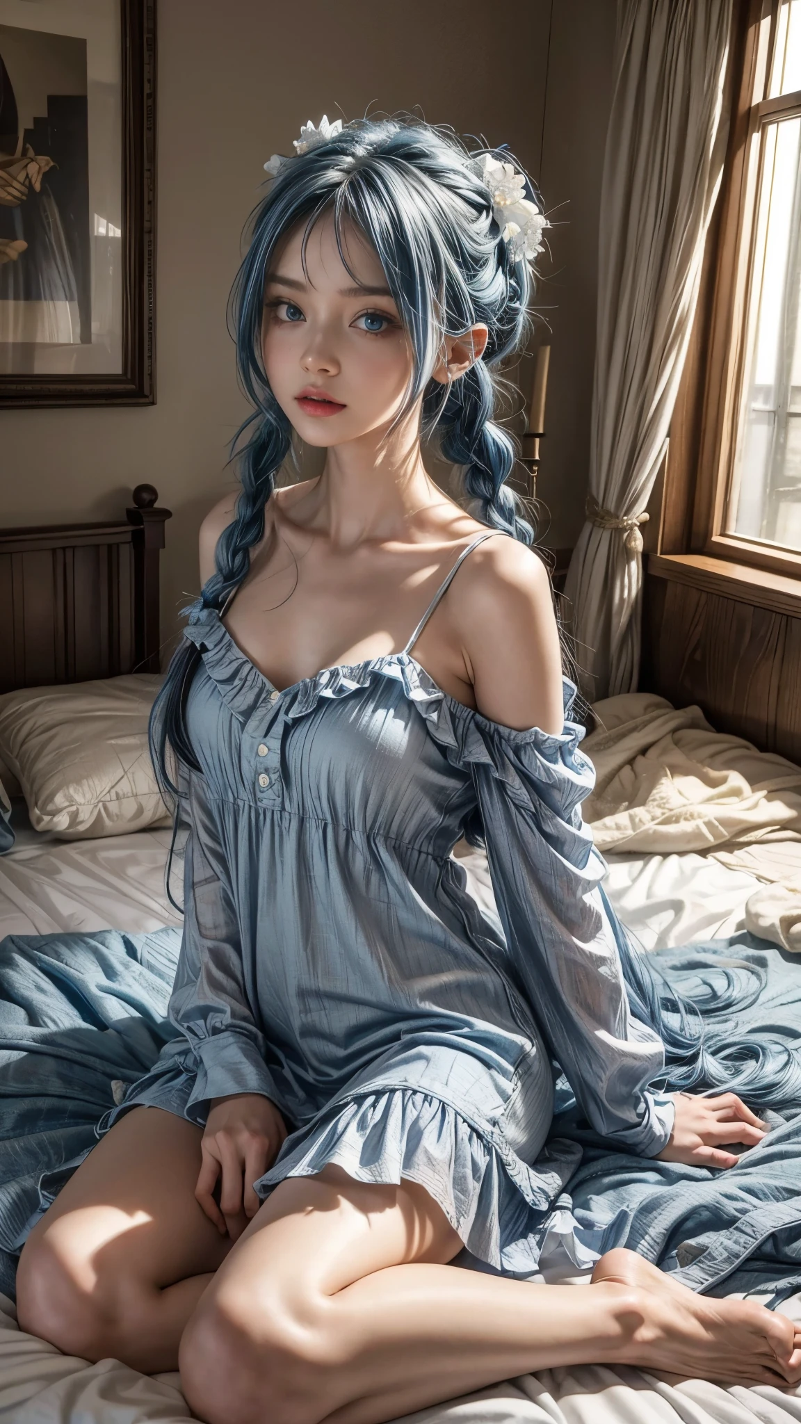 anime style、white skin、white hair、long hair、Hair with blue highlights、upward、Large and noticeable、Colorful gas expression、seductive big breasts、feminine、High-frequency detail (((sharpness)))、( (sharp focus: 1.2))、puerosface_V1: 0.7)、(8K、highest quality)、Very large chest light)))、beautiful lighting、highly detailed face、well drawn hands、Well drawn legs、Well designed legs、exposed chest、（masterpiece：1、2）、highest quality、masterpiece、High resolution、Original and detailed wallpapers、information：pajamas、縞模様のpajamas、ロングpajamas、pajamasシャツ、太ももを覆うpajamas、slightly disheveled hair、Bathroom Background Scene、chest covered with shirt,、pajamasで覆われた胸、上着全体を埋めるpajamas、首までのpajamas