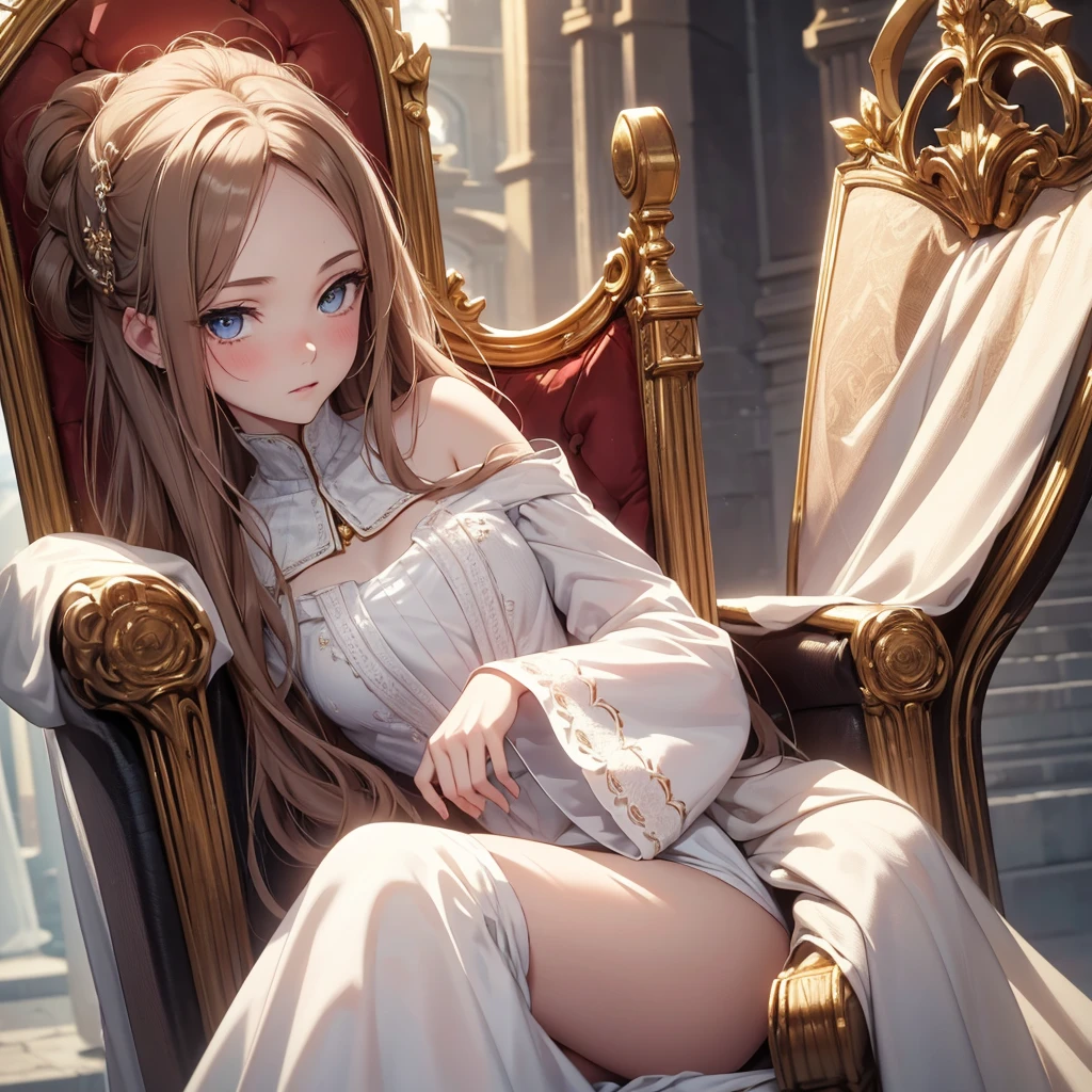 masterpiece, ultra detailed, 8K Portrait, Raw photo, a portrait photo of girl, Highly detailed face, beautiful and meticulous eyes, ((Fantasy)), (elf:1.0), 1woman, 30 year old, gray long hair, brown eyes, (melancholy expression:1.2), tiara, skinny, (ultra thin black transparent silk cloth), hooded long white coat Fluttering in the wind, ((bare foots)), Midday Sun, Hyper realistic, out of medieval castle in the sky, sitting on the throne, Ambient lighting, Shadow details , strong breeze, Light fog