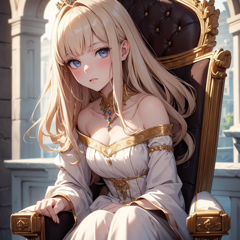 (8K, Best Quality, Masterpiece, Ultra High Resolution) Single Person, Woman, Cute Eyes, Face Details, Pale Skin, Slender, Blush, Brunette Hair, Long Hair, Honey Eyes, Royal Clothing, Sitting on Throne, Castle, Best Quality, Upper Body, Looking at the Viewer, Facing Viewer, Close Up