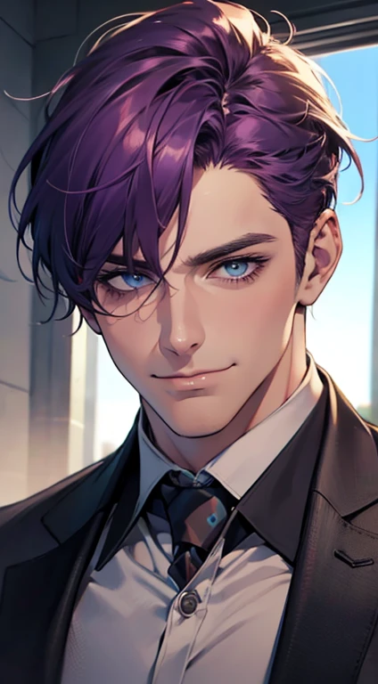 (best quality,4k,8k,highres,masterpiece:1.2),ultra-detailed,(realistic,photorealistic,photo-realistic:1.37),1 man,31 years old,mature man,very handsome,without expression,smile,short purple hair,blue eyes,penetrating gaze,perfect face without errors,imposing posture,businessman,office background,cinematic lighting,hdr image