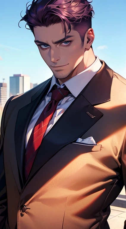 (best quality,4k,8k,highres,masterpiece:1.2),ultra-detailed,(realistic,photorealistic,photo-realistic:1.37),1 man,31 years old,mature man,very handsome,without expression,smile,short purple hair,blue eyes,penetrating gaze,perfect face without errors,imposing posture,businessman,office background,cinematic lighting,hdr image