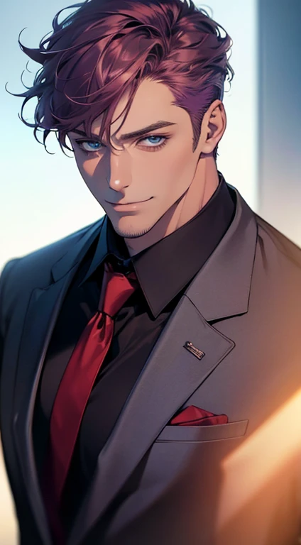 (best quality,4k,8k,highres,masterpiece:1.2),ultra-detailed,(realistic,photorealistic,photo-realistic:1.37),1 man,31 years old,mature man,very handsome,without expression,smile,short purple hair,blue eyes,penetrating gaze,perfect face without errors,imposing posture,businessman,office background,cinematic lighting,hdr image
