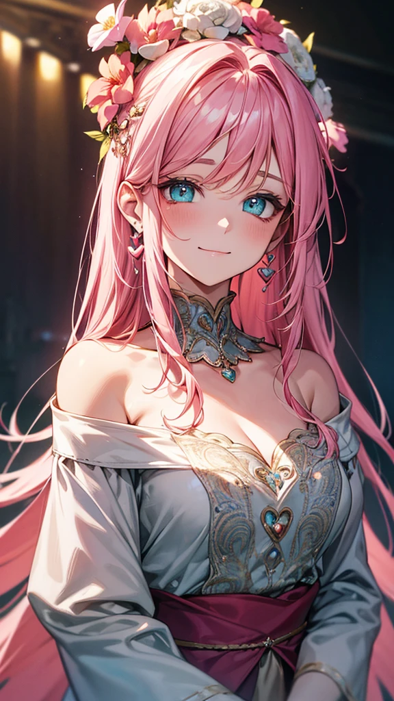 pink hair, hair over shoulder, parted bangs, jewelry, flower on head, mismatched pupils, aqua eyes, heart earrings, light smile, closed mouth, Ghibli-like colours, cinematic lighting, UHD, textured skin, high details, best quality, highres, 4K, 8k,I have a heart.