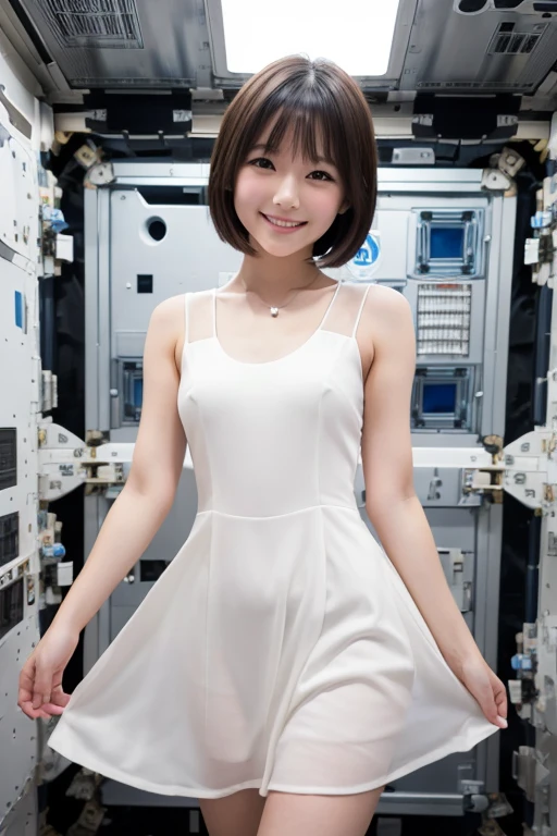 One Girl, Japan model with a smile, A gravure idol with a cute smile, 25 talents, Thin fabric dress, No sleeve, Simple white dress, Shortcuts, Short Bob, Inside a module of the International Space Station, no gravity, The outline shines in the backlight,