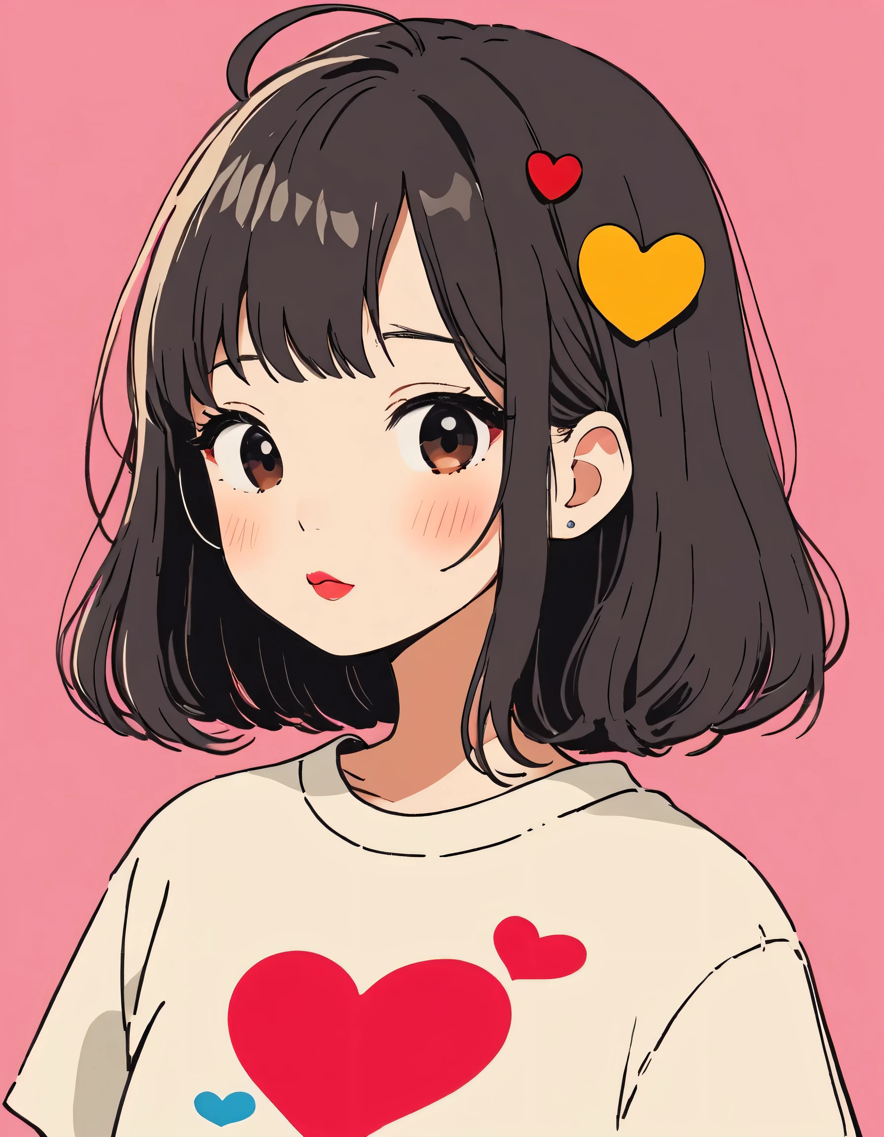 Hayao Miyazaki colorful style, Simple Line Initialism,Abstract art,Urban Background, (((The most beautiful girl of all time))), Sweet face. Lips in love, colorful hearts, stylish design, 夏のオシャレなTシャツ, 黒い瞳