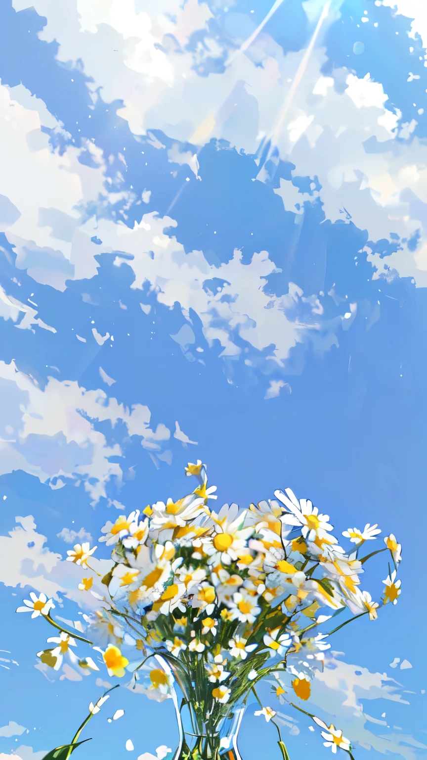 there is a vase of flowers that is on a table, an aesthetic field of flowers, daisies, on a sunny day, the sky is beautiful and clear, background is heavenly, chamomile, aesthetic clouds in the sky, on a bright day, lots of little daisies, seasons!! : 🌸 ☀ 🍂 ❄, sunny clear sky, summer clear blue sky, summer sky