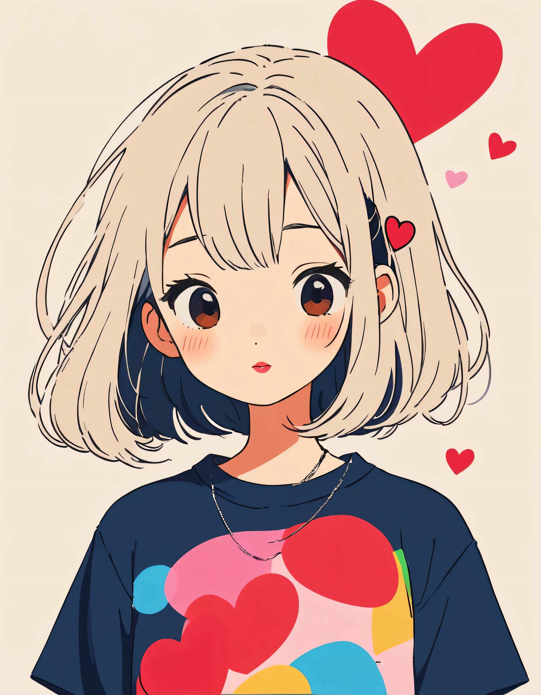 Hayao Miyazaki colorful style, Simple Line Initialism，Abstract art，Urban Background, (((The most beautiful girl of all time))), Sweet face. Lips in love, colorful hearts, stylish design, 夏のオシャレなTシャツ, 黒い瞳