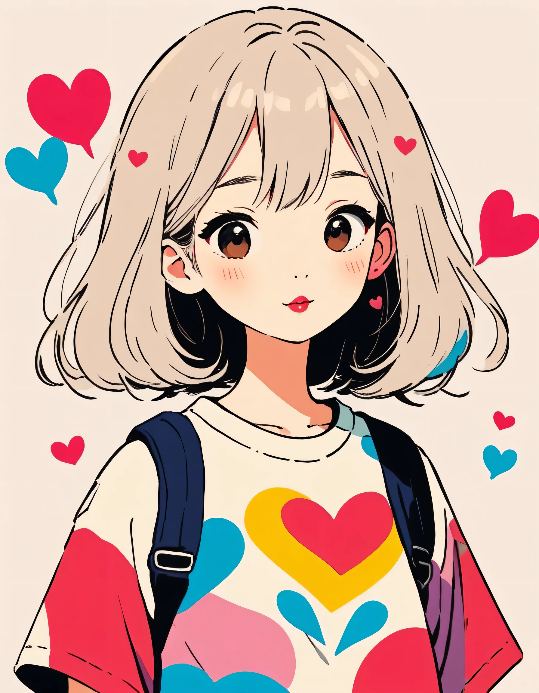 Hayao Miyazaki colorful style, Simple Line Initialism，Abstract art，Urban Background, (((The most beautiful girl of all time))), Sweet face. Lips in love, colorful hearts, stylish design, 夏のオシャレなTシャツ, 黒い瞳