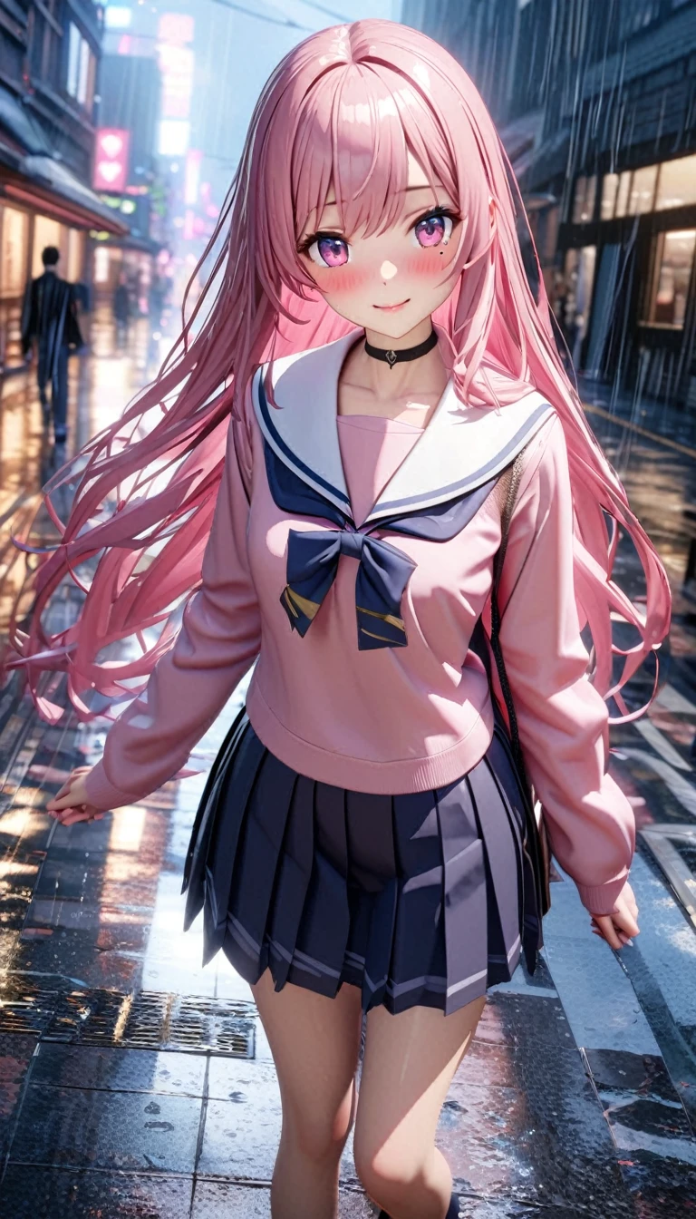 masterpiece, Highest quality, Very detailed, High resolution, expensive solution, High resolution, 4K, 8k, Unity 8k wallpaper, Extremely detailed CG, masterpiece, 2D, 3d, Beautiful details, depth, Fine texture, Highest quality: 1.3, Total concentration, Clear Skin, he, Very cute anime girl, expensive pink long hair, One Girl, High school sailor uniform, On the way home from school, 雨が激しく降っていてhe女はびしょ濡れだった. The sailor uniform was transparent, he女の髪はびしょ濡れだった, Smiling long pink hair, whole body, On the way home from school, heavy rain, Mole under the eye, sight, expensive, blush, Lips parted, heart, Pink Eyes, choker