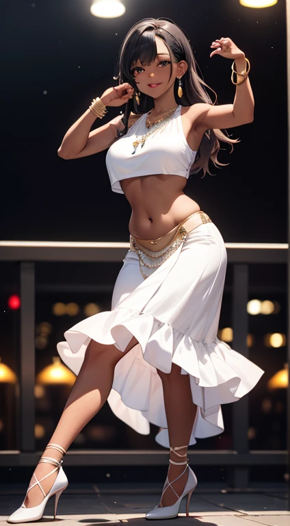 Extremely beautiful,1 girl, jewerly, breastsout, ((dancing1.4)), high-heels, darkskin, bracelet, へそ, aretes, focus only, Ankle Bracelet, dark skinned female, tummy, Blurry background, long hair, necklase, Blurry, neckleace, Bblack hair, overskirt, realisitic, へそ piercing