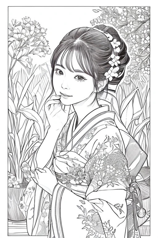 Maiko、For coloring books、20、An illustration、Flowers and Maiko