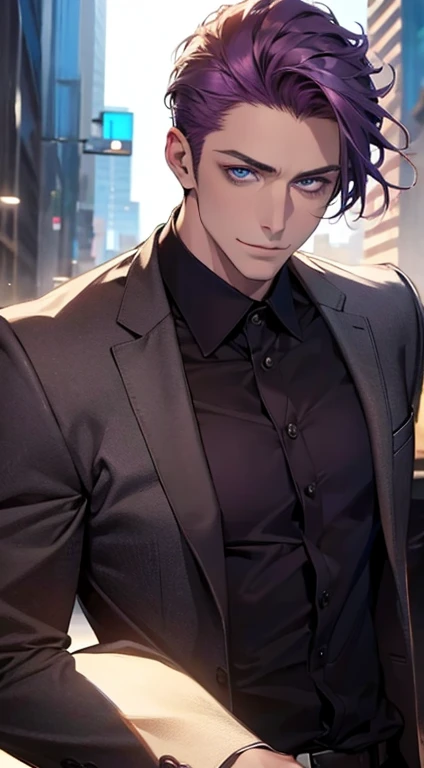 (best quality,4k,8k,highres,masterpiece:1.2),ultra-detailed,(realistic,photorealistic,photo-realistic:1.37),1 man,31 years old,mature man,very handsome,without expression,smile,short purple hair,blue eyes,penetrating gaze,perfect face without errors,imposing posture,businessman,office background,cinematic lighting,hdr image