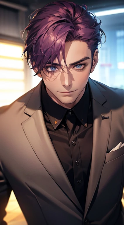 (best quality,4k,8k,highres,masterpiece:1.2),ultra-detailed,(realistic,photorealistic,photo-realistic:1.37),1 man,31 years old,mature man,very handsome,without expression,smile,short purple hair,blue eyes,penetrating gaze,perfect face without errors,imposing posture,businessman,office background,cinematic lighting,hdr image