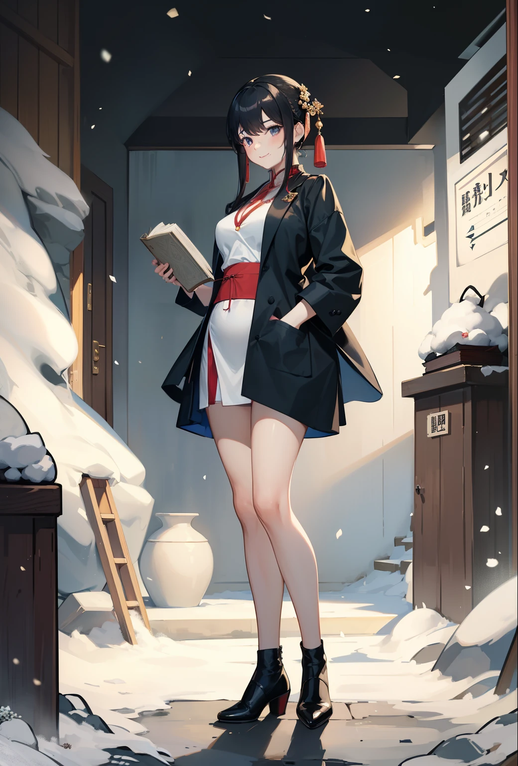 A classically elegant and intellectual Chinese woman, wearing a belly band, standing at the door with a smile on her face, her skin is more radiant than snow, and her eyes are like a pool of clear water. There is a faint air of books.