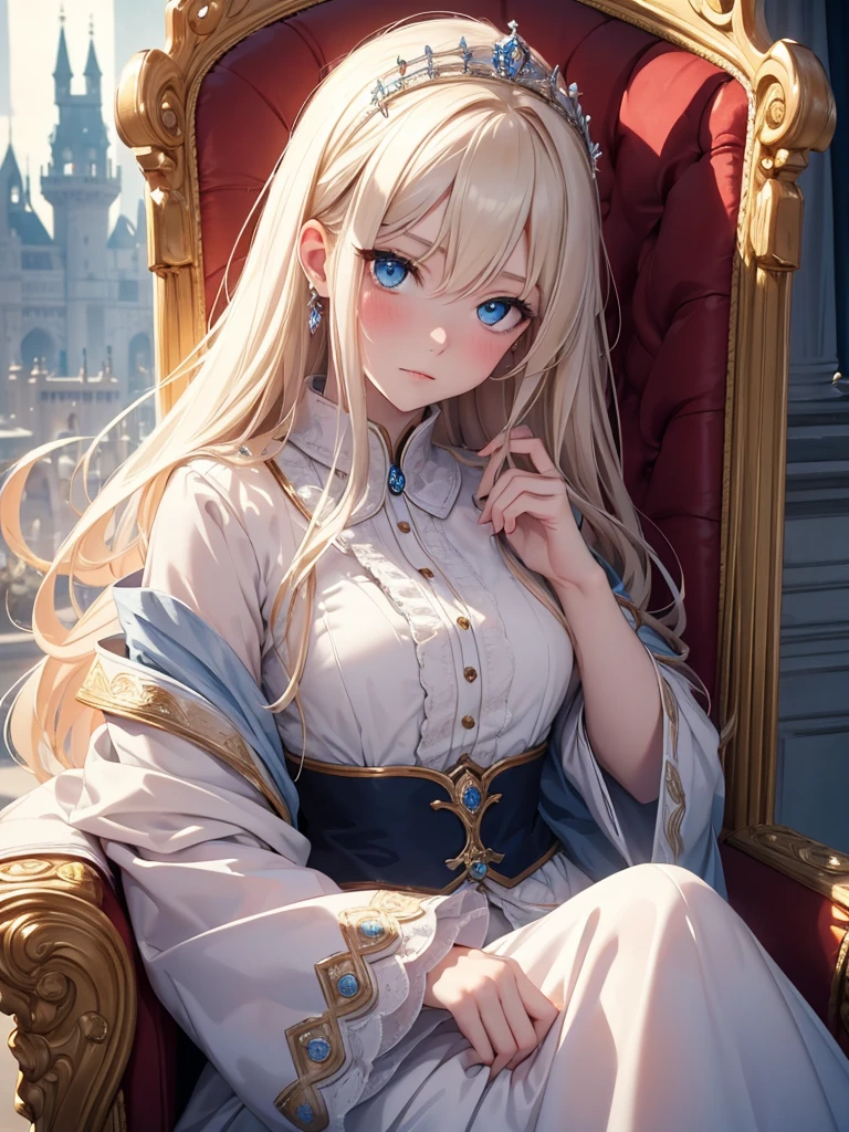 (8K, Best Quality, Masterpiece, Ultra High Resolution) Single Person, 1 Woman, Cute Eyes, Face Details, Pale Skin, Slender, Blush, Light Brunette Hair, Long Hair, Blue Eyes, Royal Clothing, Sitting on Throne, Castle, Best Quality, Upper Body, Looking at the Viewer, Facing Viewer, Close Up