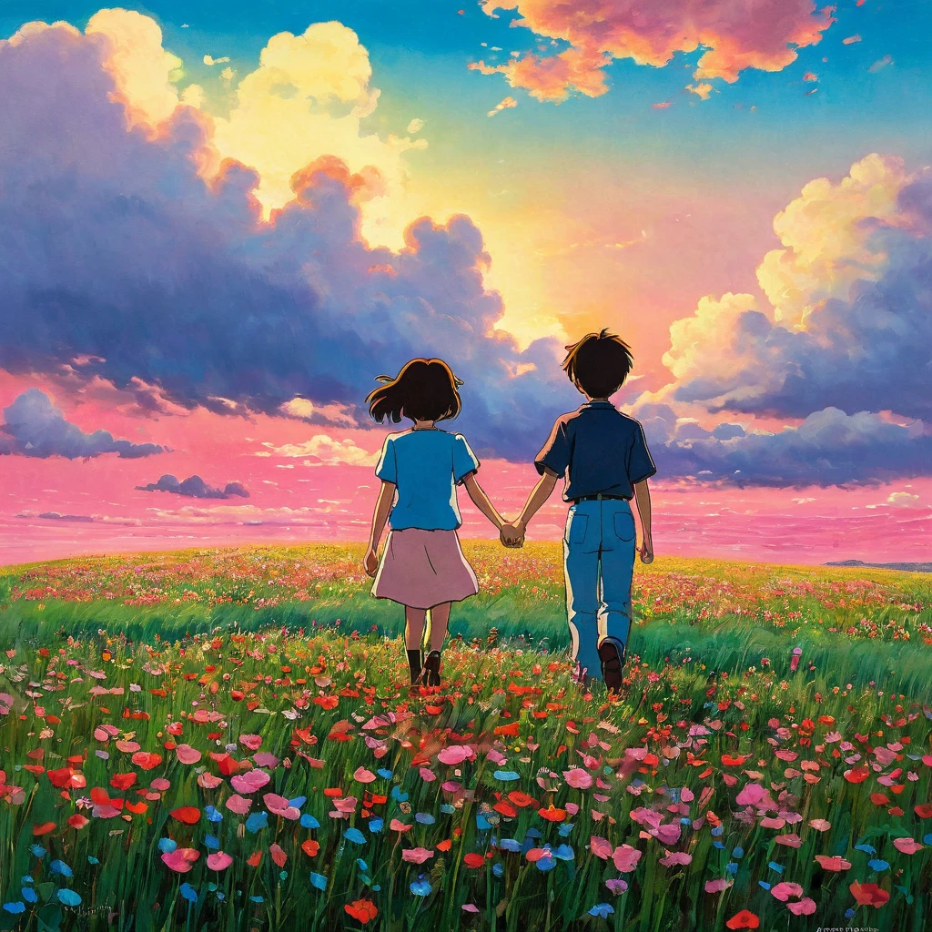 (((best quality)))), Realistic, authentic, beautiful and amazing landscape with a girl  and boy holding hands on the field oil painting Studio Ghibli Hayao Miyazaki pasture petals with blue sky and red clouds, no humans.the girl and boy looking happily enjoying the landscape ,the windshield flashing pink, pink glancing off of metal, brushing the dented flank of blue, beat-up enamel, Studio Ghibli,
