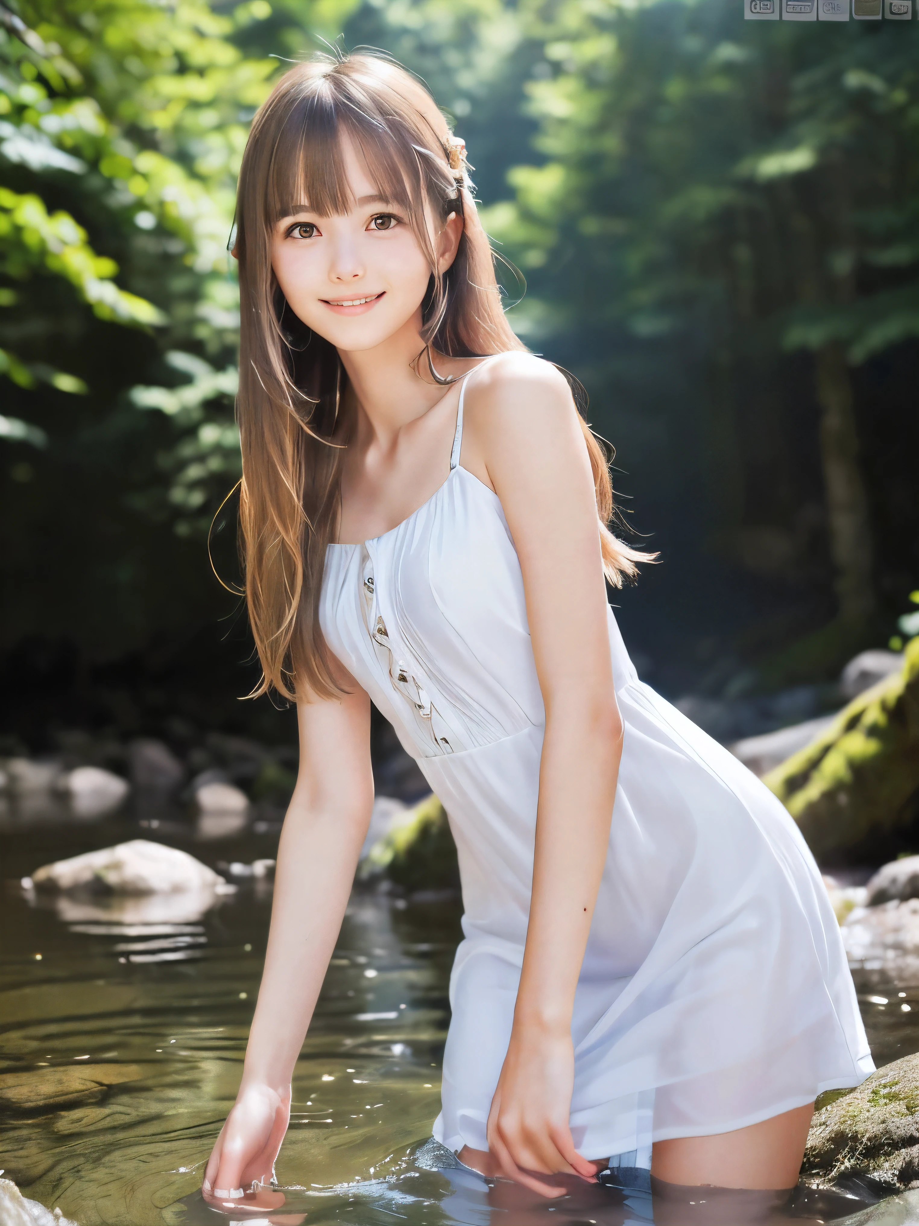 (Close up portrait of slender small-breasted half up blonde long hair with bangs girl wearing a white summer dress:1.5)、(One blonde hair girl is playing with shy smile in the clear stream and water fall at the forest in Japan:1.5)、(Summer beautiful blue sky and forest:1.5)、(blurred background:1.5)、(8k ultra detailed master piece:1.5)、(perfect anatomy:1.5)、(Photorealistic stick:1.5)、(Raw photo:1.3)、(highest quality:1.5)、(High resolution:1.3)、(Delicate and beautiful perfect face:1.3)、(Delicate and beautiful eye air skin:1.3)、(Real Human Skin:1.3)、((thin legs))