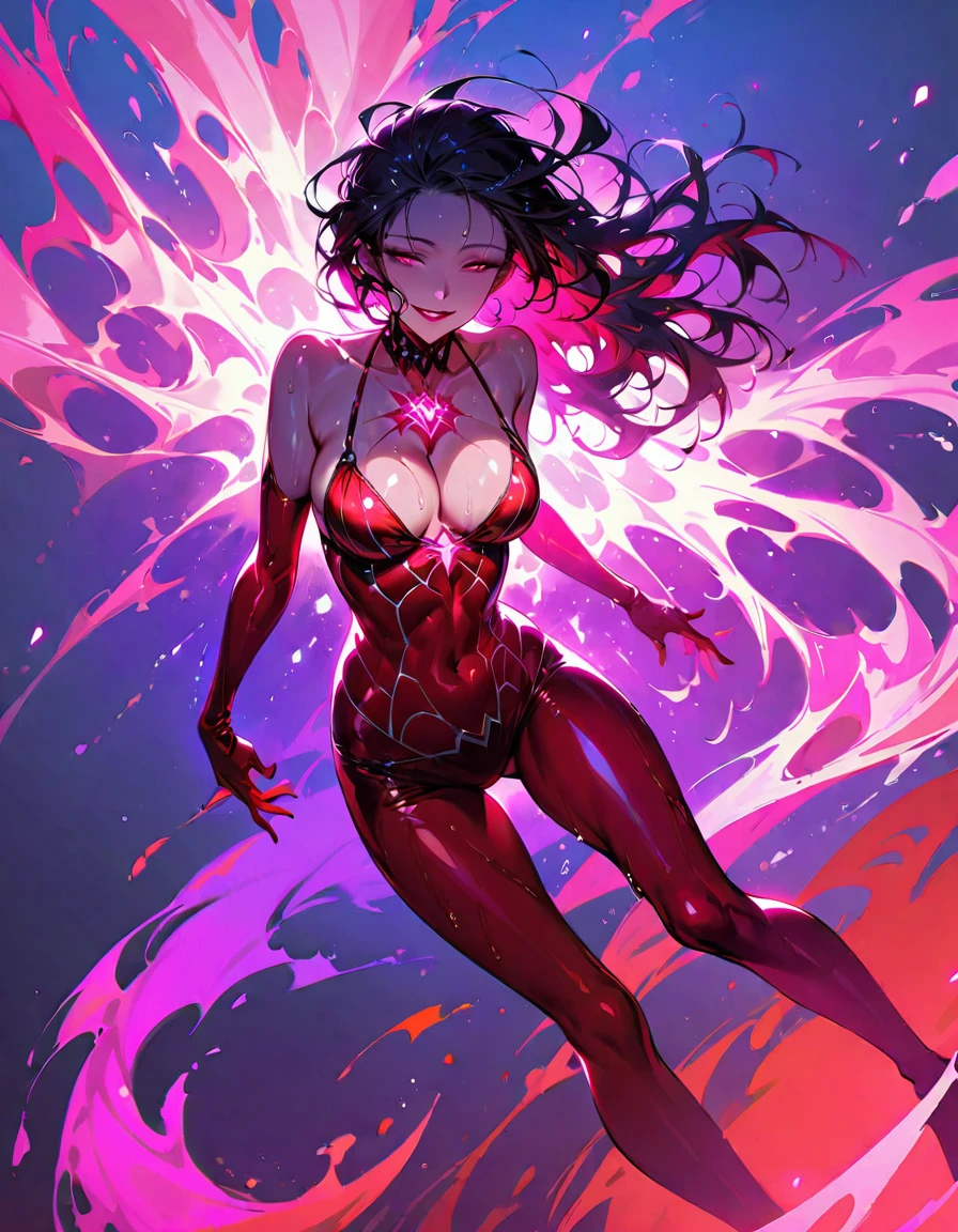 Two young beautiful women,(Highest quality,Extremely detailed depiction,Incredibly absurd high resolution,Anatomically accurate depiction,Curvy Legs),(Glowing Skin,Shiny skin),(Spider web bikini swimsuit,latex,Wet body),eyelash,Sweat,(Pink Eyes,Crazy Eyes,There is cleavage in the chest,Wicked Smile,Glossy Red Lips,Flashy makeup,Seductive gestures by two women,Half-closed eyes:1.3),whole body,background:Daytime coast,