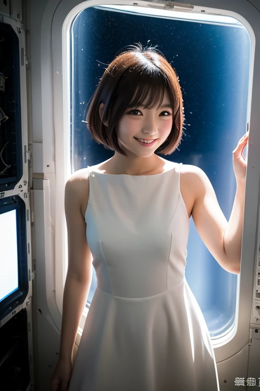 One Girl, Japan model with a smile, A gravure idol with a cute smile, 25 talents, Thin fabric dress, No sleeve, Simple white dress, Shortcuts, Short Bob, Inside a module of the International Space Station, Floating in zero gravity, Light comes in through the window behind , The outline shines in the backlight,