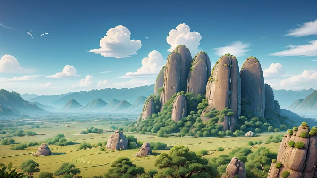 High resolution landscape, stylized.  It has mountains of geometric shapes with large sun or moon, Palely hanging low in the sky.  The foreground shows flat land with scattered shapes that resemble rocks or boulders.  Những gam màu pastel nhẹ nhàng tạo ra một bầu không khí yên tĩnh và siêu thực. 