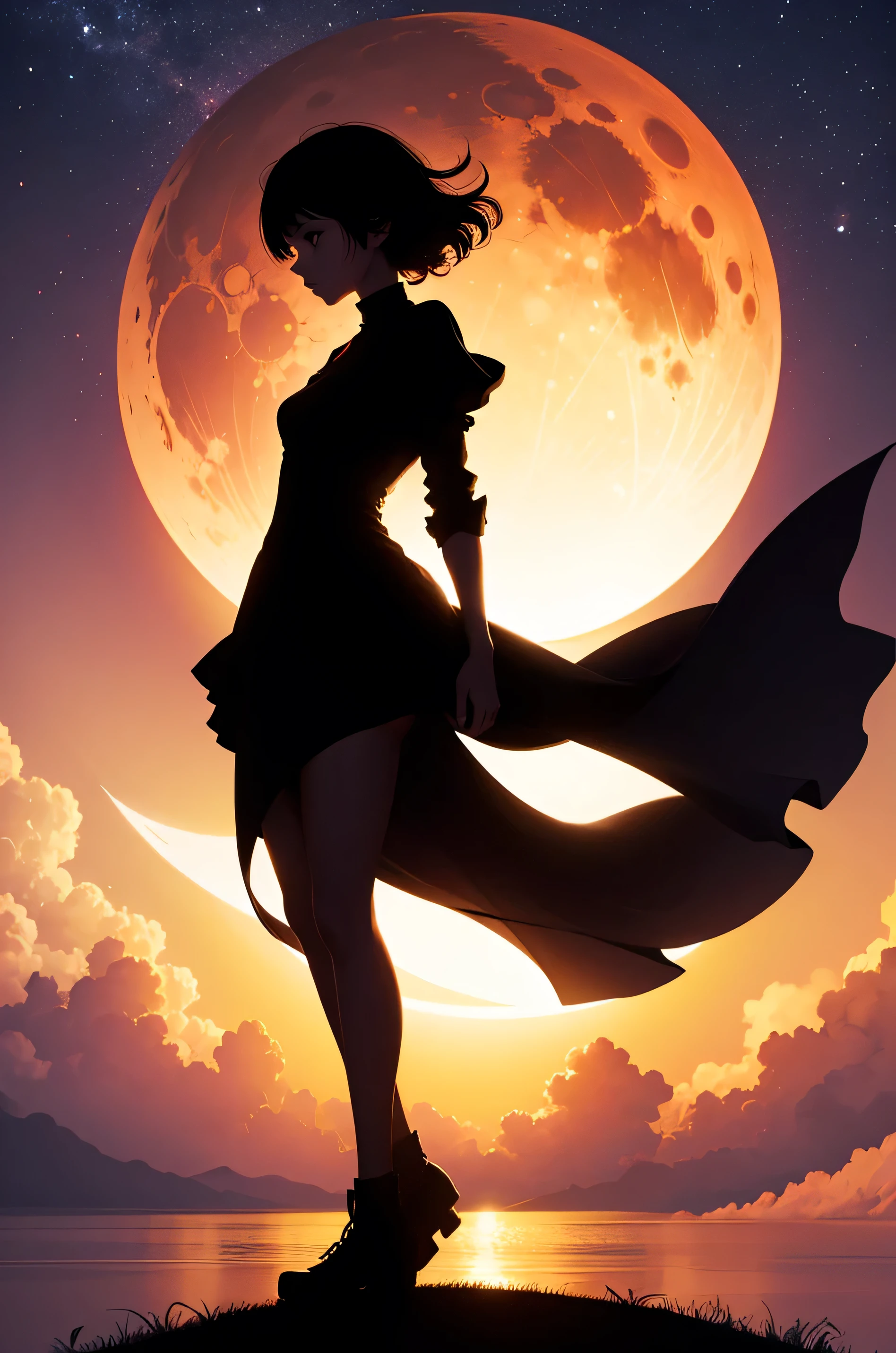 full body Girl mostly silhouette in front of Lunar eclipse 