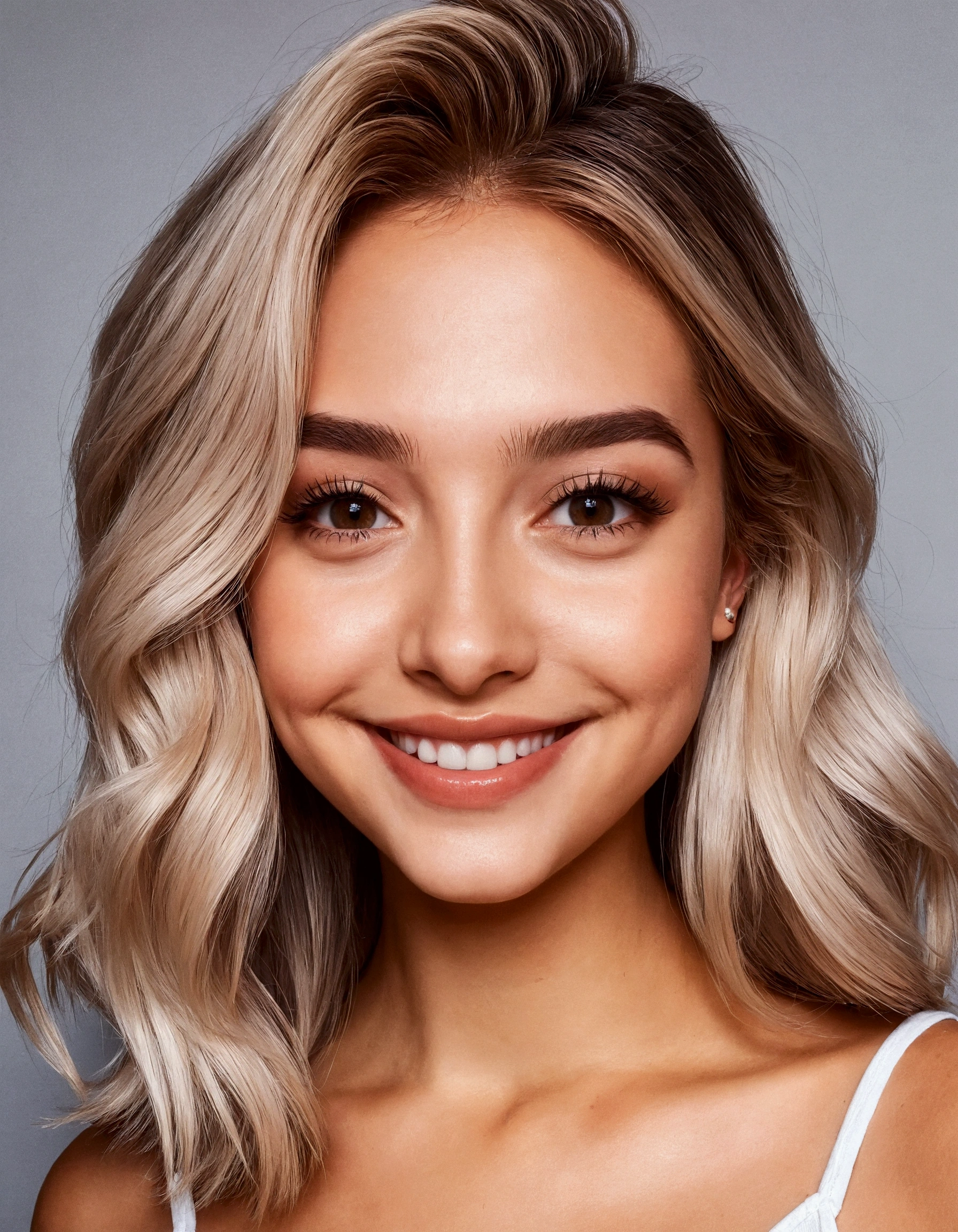 A 25-year-old smiling Instagram influencer girl, light hair