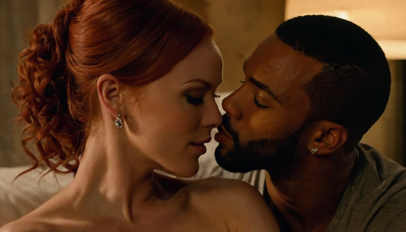 Pornographic actress and model Kendra James and a handsome African American male whose facial features are a combo of Isaiah Mustafa + Omari Hardwick share a steamy kiss inside a bedroom lit only by candlelight. Kendra is a beautiful Caucasian female with red hair. Kendra has lovely makeup on her face. Nighttime. Romantic ambiance. Symmetrical eyes. Symmetrical faces. Lovely details. Photorealistic. Full-colored photo. Professional photo. Highly detailed 8K.