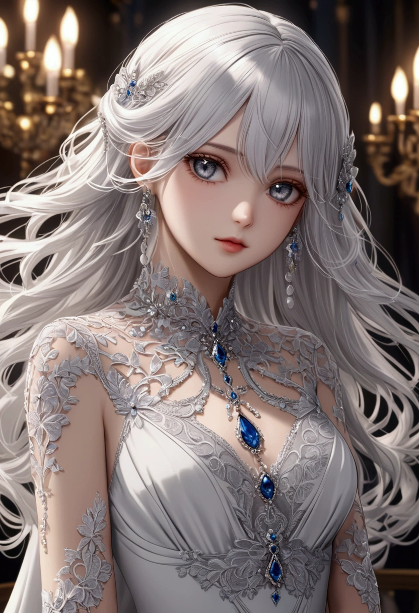 One girl, Long Hair、White Hair、Silver Hair．ギザギザなteeth．
Princess Teresa，White skin, large breasts, Pointy Ears, Blushing, masterpiece, とてもLong Hair, Gray Hair, Sparkle Effect, Background blur, Lady wearing a white dress、Princess Teresaは幽霊でギザギザなteethを持つ舌の長い巨胸な令嬢です。poses shyly with tongue out、White wax skin、Pale background、Dark room bed tongue, teeth, Sticking out tongue, Red colored eyes, saliva, Blue Mouth、Inky、Lens flare, masterpiece, Gaze, Bangs between the eyes, Female monster、Beautiful Vampire、White wax skin、Show your fangs、Attacking a person、Snake-like eyes