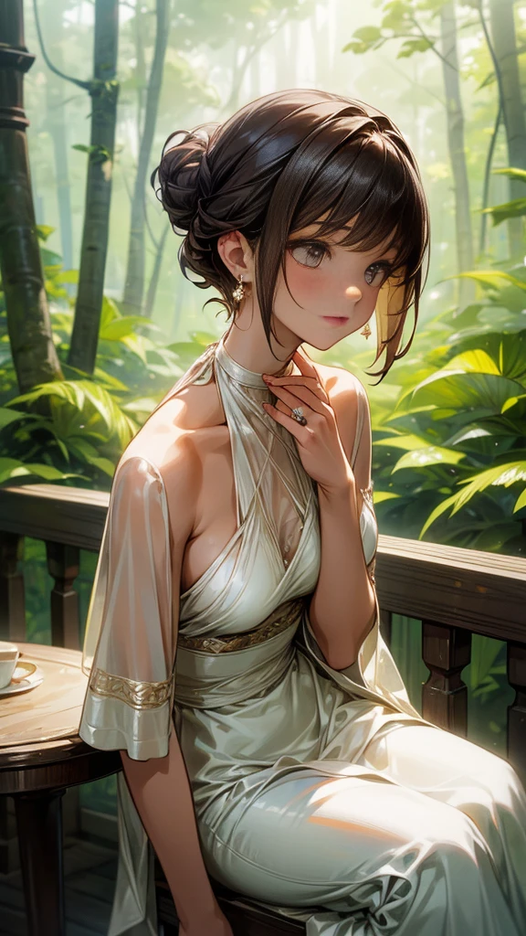 1girl, solo, short hair, dark hair, updo, elegant, white halter dress, sitting, wooden table, cup, outdoors, daytime, forest background, serene, delicate, soft lighting, natural light, jewelry, earrings, rings, looking to the side, young woman, peaceful, detailed, high quality
