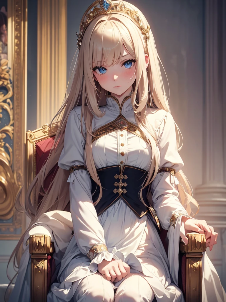 (8K, Best Quality, Masterpiece, Ultra High Resolution) Single Person, 1 Woman, Cute Eyes, Face Details, Pale Skin, Slender, Blush, Light Brunette Hair, Long Hair, Blue Eyes, Royal Clothing, Sitting on Throne, Castle, Best Quality, Upper Body, Looking at the Viewer, Facing Viewer, Close Up