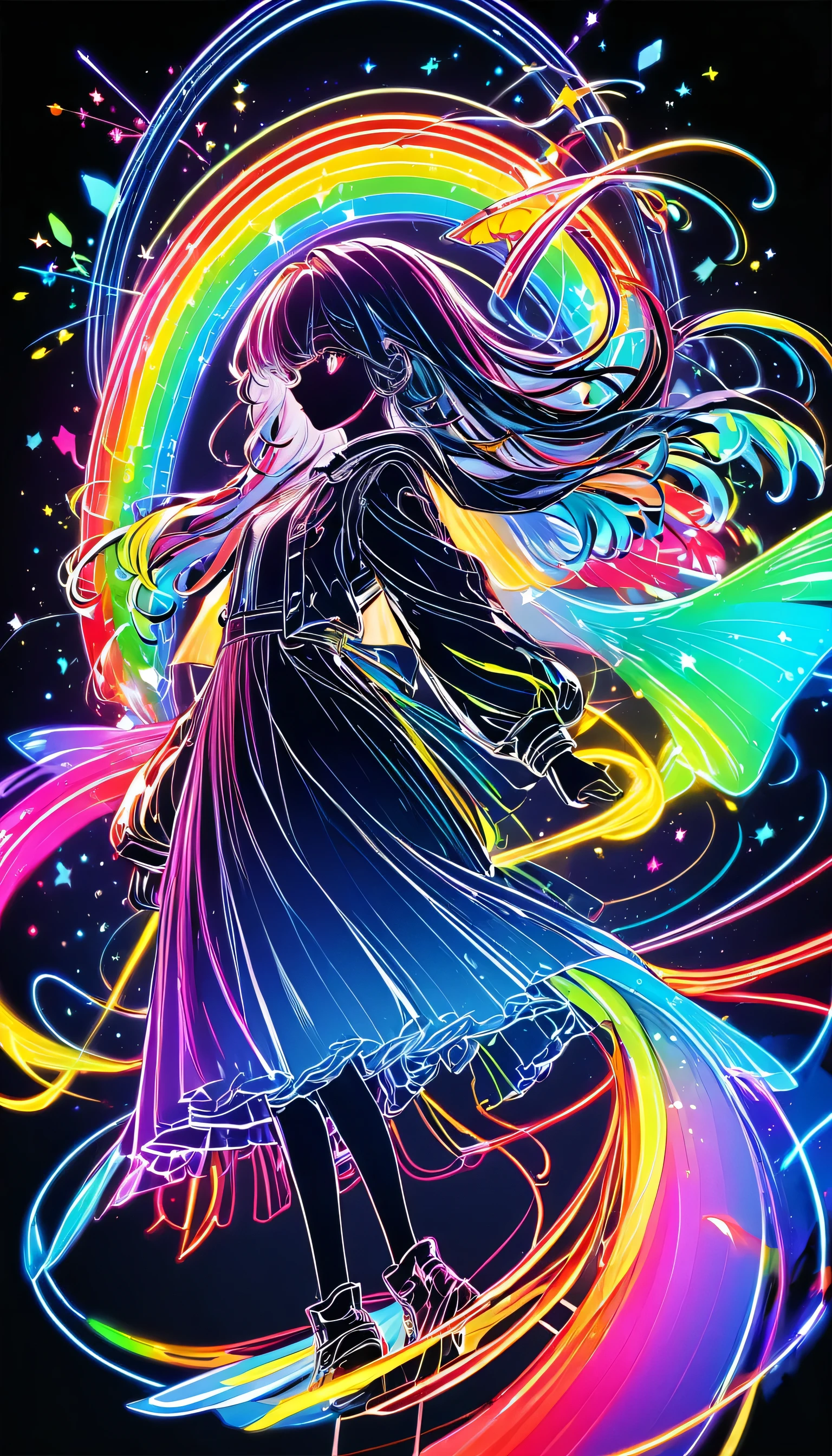 Line art, Rainbow neon effect, cowboy, 2.5D, delicate and dynamic
