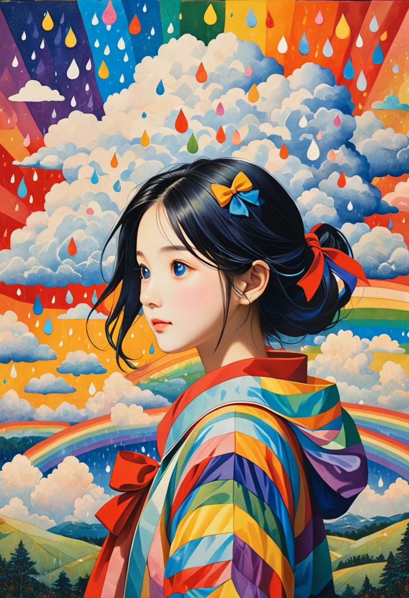 (masterpiece, best quality),
woodblock print collage depicting, girl holding up her bow as she is surrounded by various archery raindrop and cloud symbols, cumulonimbus cloud,in rainbow colors,rainbow collage art, contemporary artistic collage,