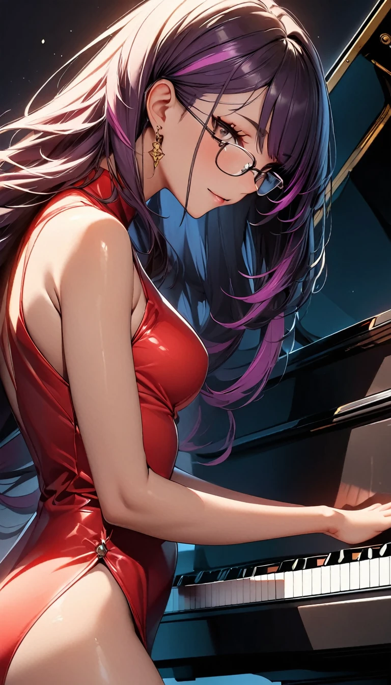 (highest quality:1.2, Very detailed, up to date, Vibrant, Ultra-high resolution, High Contrast, masterpiece:1.2, highest quality, Best aesthetics), Portraiture、girl、((25-years-old:1)), (red ao dai:1.3), Bright colors、Beautiful fine details、Beautiful lip detail, long hair、black and purple ((streaked hair:1.6)), highlights hair: 1.5, brown eyes, glasses, gold earrings, ((slim body:1.4)), (small breast:0.7), (dark skin:0.5), sitting and playing the grand piano, side view, (cowboy shot:1.5),